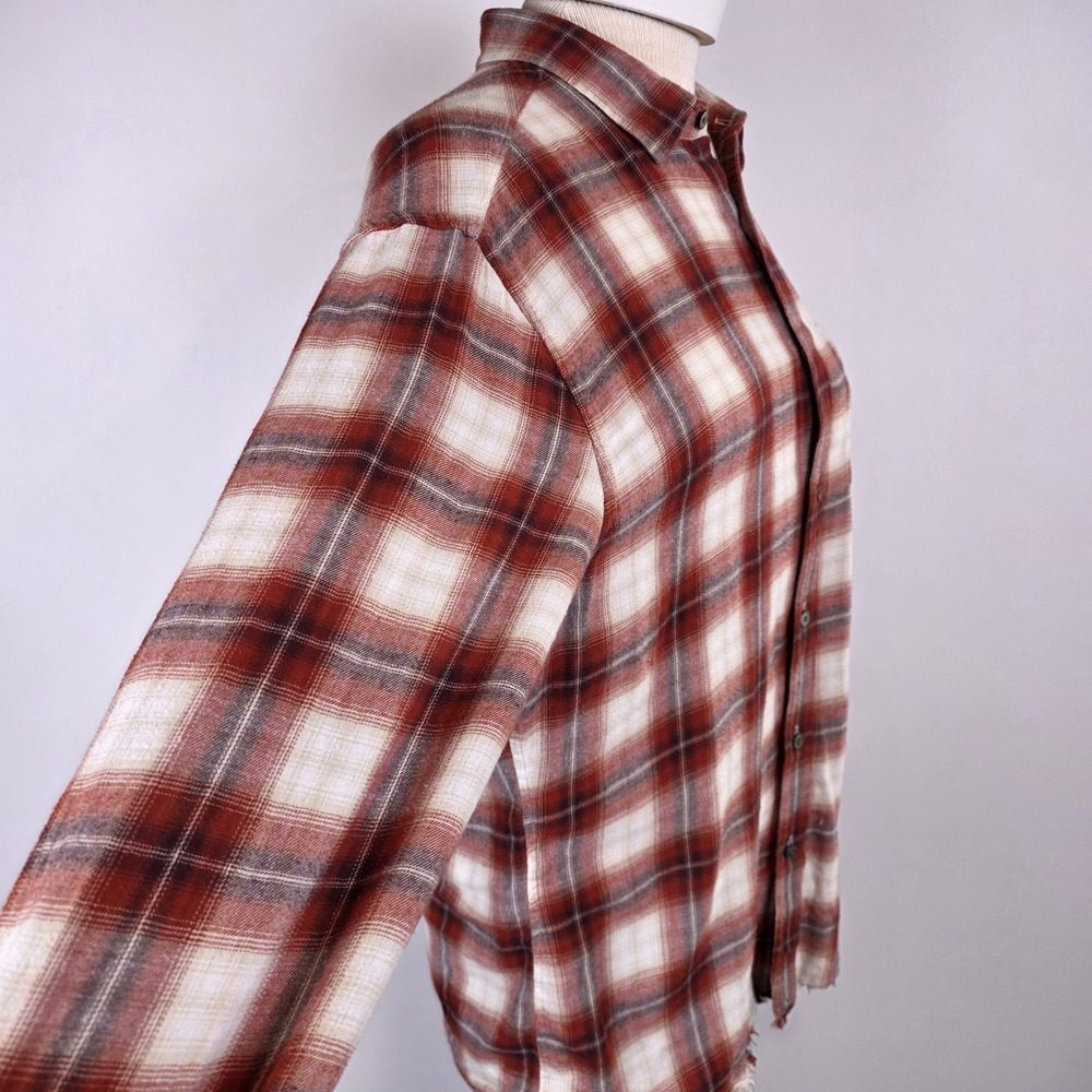 FRAME Slim Plaid Flannel Shirt Red Cream‎ Distressed Hem Button Up Medium - Picture 4 of 10
